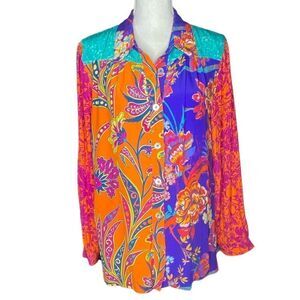 Soft Surroundings Sz PL Multi Color Bright Floral Button Down Tunic Blouse